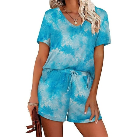 

DAETIROS Fashion Two Piece Silk Sleepwear Nightwea Soft Casual Pajamas Sets Light Blue Size S