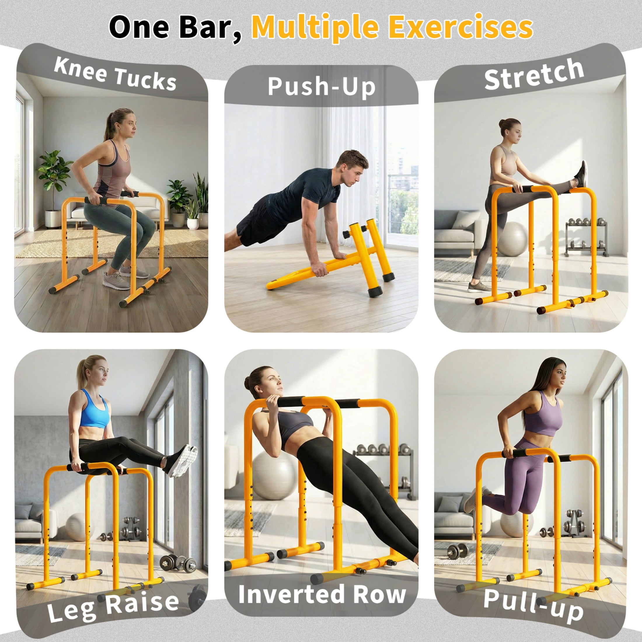 SHOUFTW Dip Stand & Doorway Pull Up Bar, Heavy Duty Adjustable Station with Foam Handles for Home/Gym/Office/Patio, Yellow