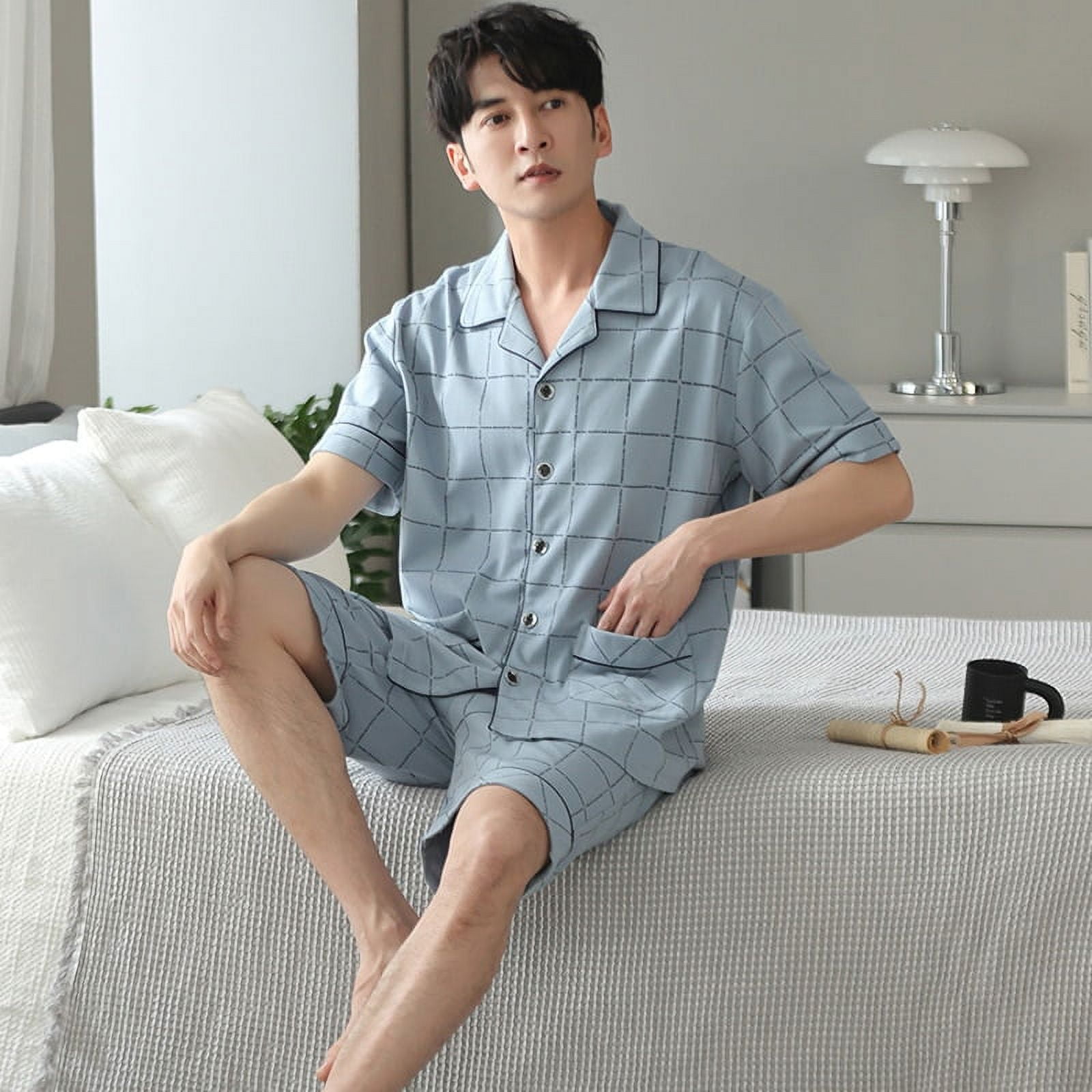 M 4XL Grande Taille Pyjama de Haute Qualite pour Hommes Ete Mince Manches Courtes Pur Coton Vetements de Nuit pour Adolescents Vetements de Maison Pyjama Masculin Walmart