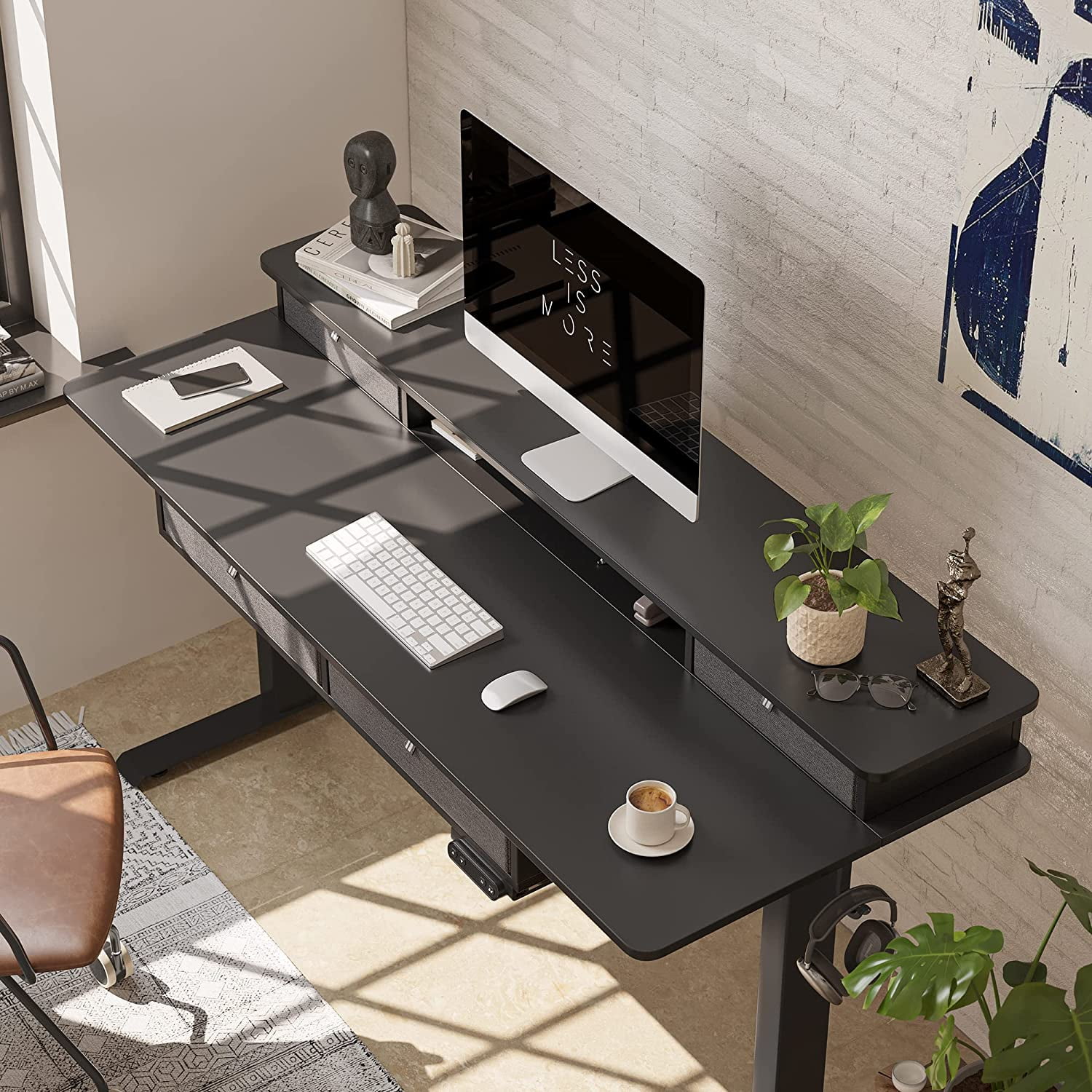 FEZIBO 48 x 24 Inch Height Adjustable Electric Standing Desk with 4 Drawers, Stand Up Table with Storage Shelf, Sit Stand Desk with Splice Board, Black Frame/Black Top
