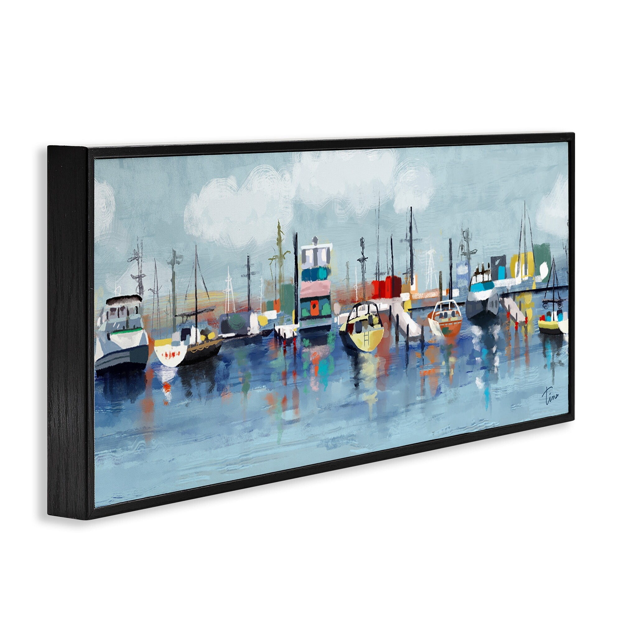 Stupell Industries Varied Boats Docked Port Marina Ocean Landscape Painting Black Framed Art Print Wall Art, Design by Tina Finn
