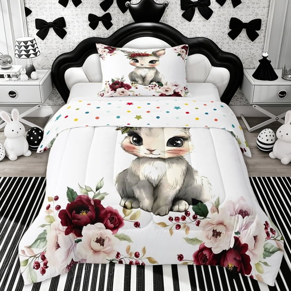 Erosebridal Rose Rabbit Kids Twin Comforter Sets, Easter Animals Bedding Set, 2pcs