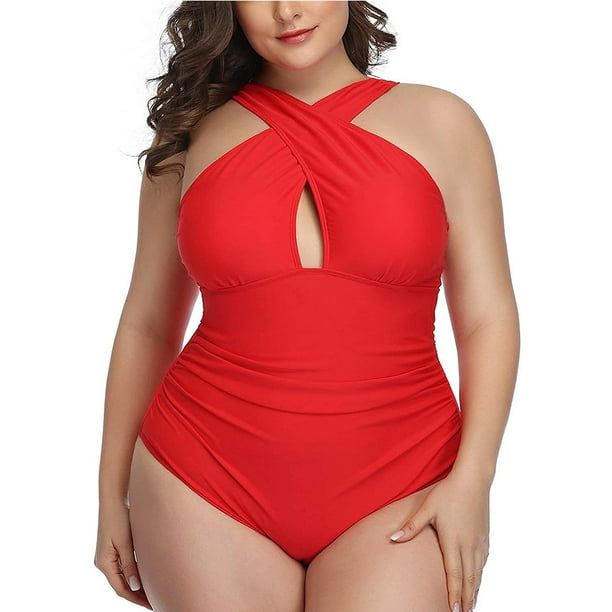Plus Size One Piece Swimsuits,Tummy Control Keyhole Bathing Suits Swimwear  for Women 