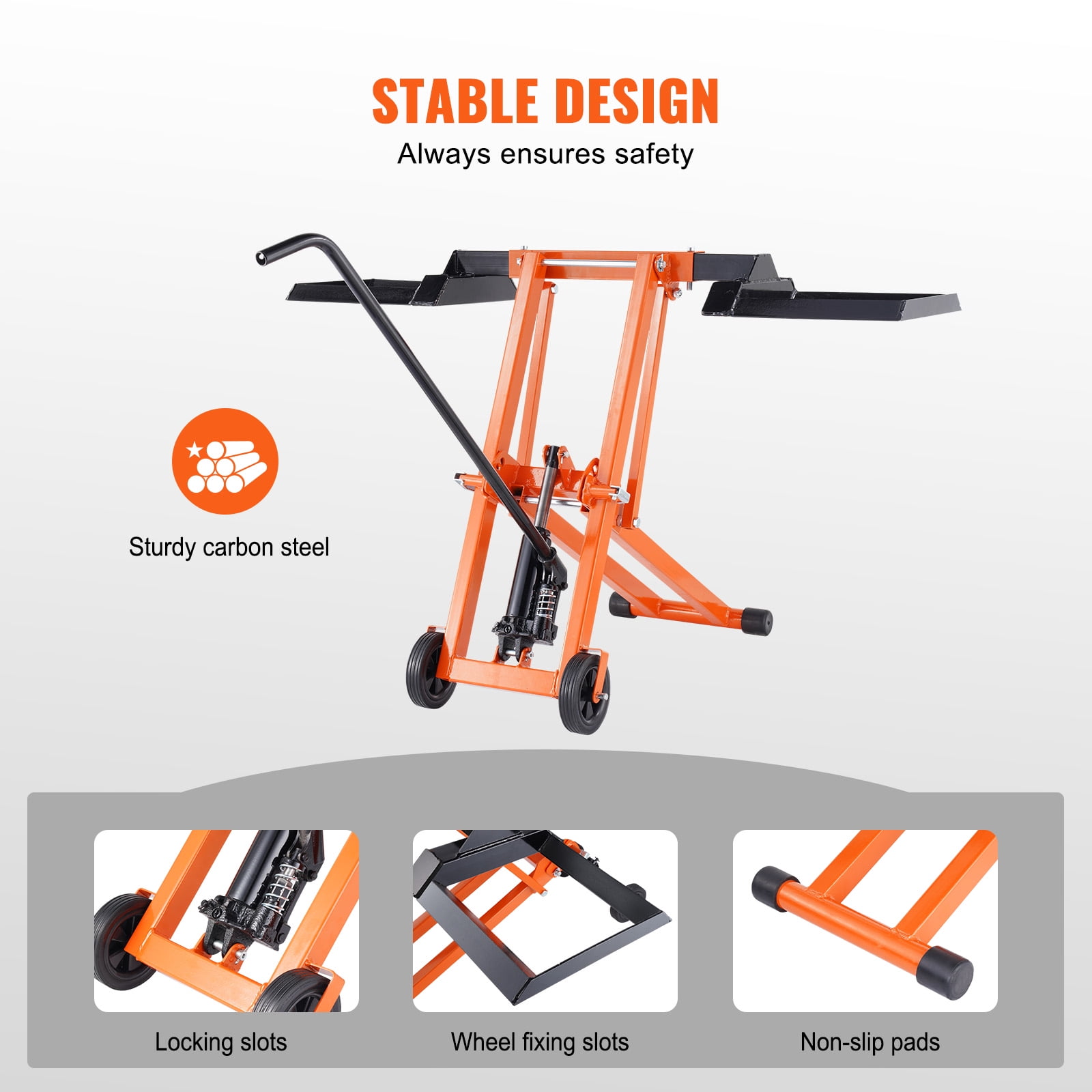 VEVOR Lawn Mower Hydraulic Lift Jack, 500 Lbs Weight Capacity, Carbon Steel Lawn Mower Lift, Adjustable Movable Lawn Lifter for Riding Tractors and Zero Turn Lawn Mowers, Orange