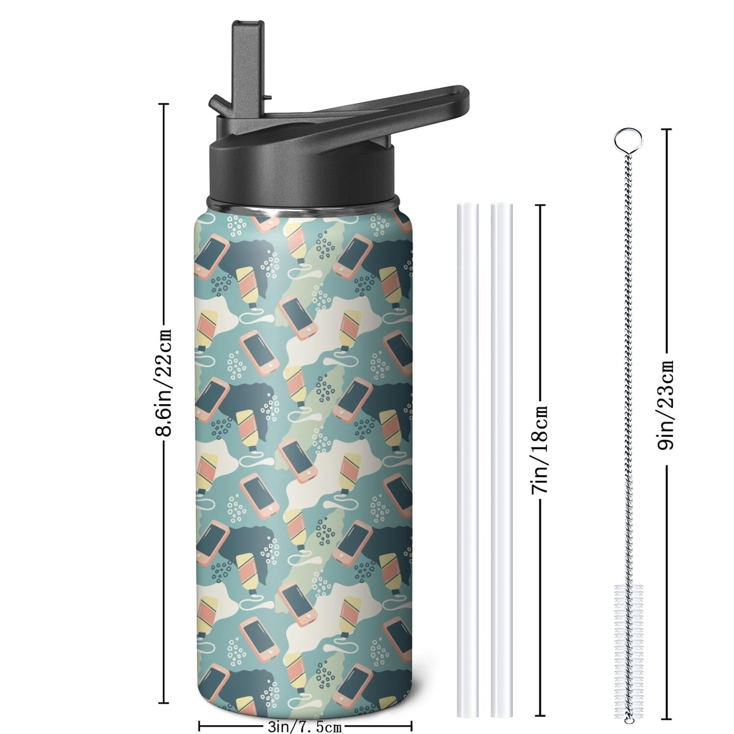 Modern 18 oz Insulated Stainless Steel Water Bottle with Straw & Cleaning Brush , Leakproof, BPA-Free, 304 Stainless Steel, Wide Mouth, Travel Mug for Car, Gym, Office
