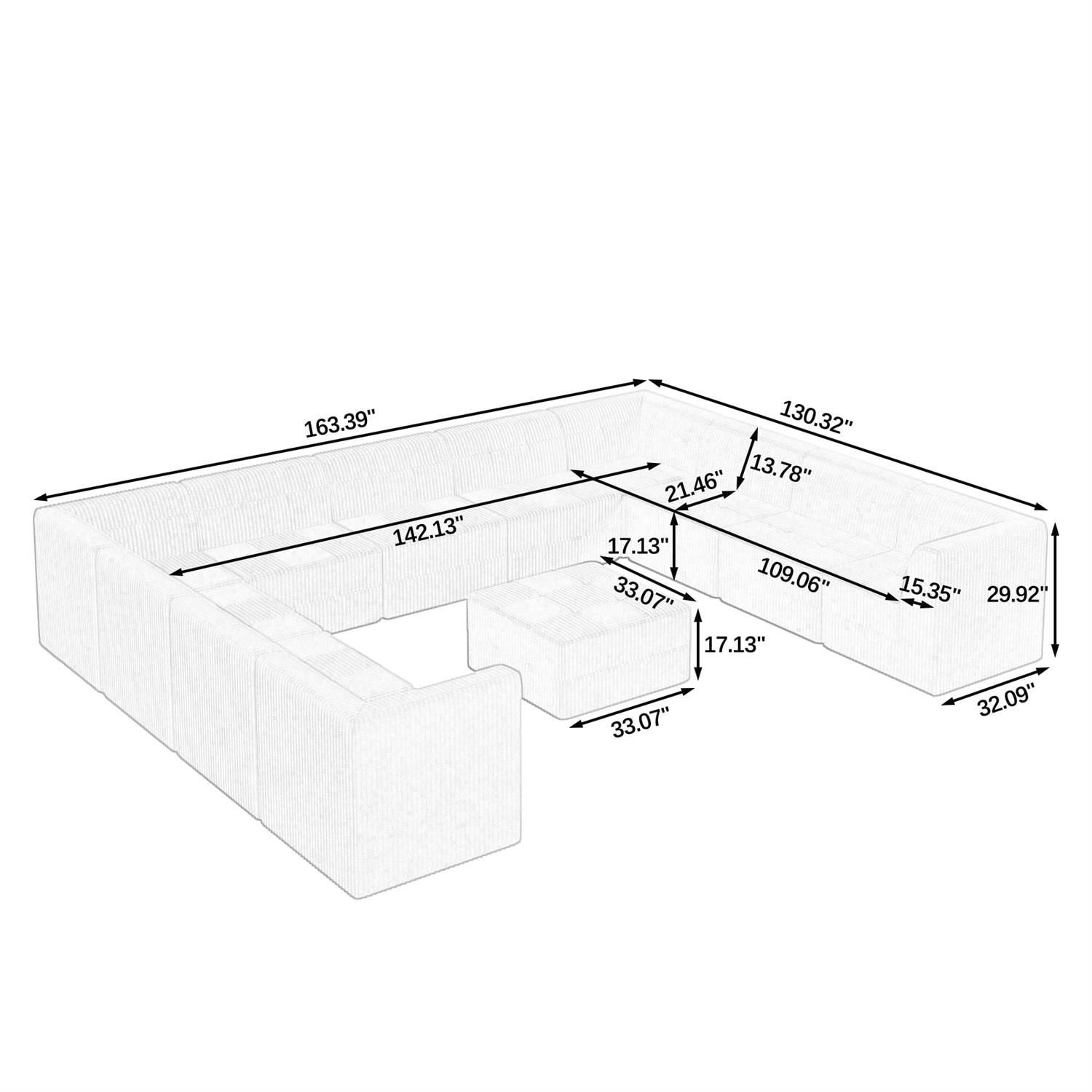 Demi Bonn 163" U-Shaped Modular Sectional Sofa, Modern Minimalist Style DIY Compressed Corduroy Couch for Living Room & Bedroom, Black