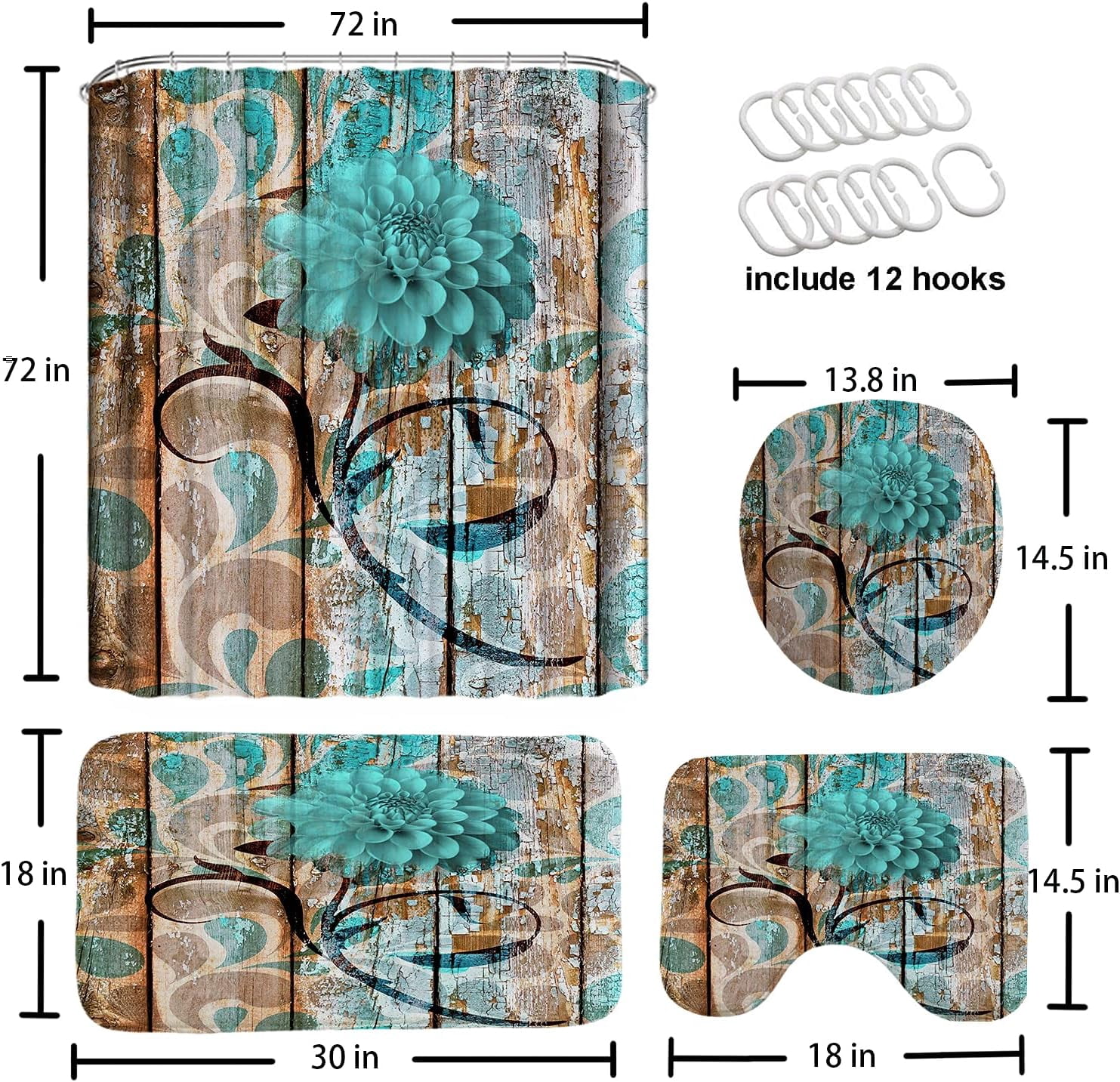 4 Pcs Rustic Teal Daisy Floral Shower Curtain Sets with Rugs, Toilet Lid Cover Bath Mat, Farmhouse Floral Flower Bathroom Curtain Set Fabric Turquoise Blue Flower on Grey Wooden Curtains…