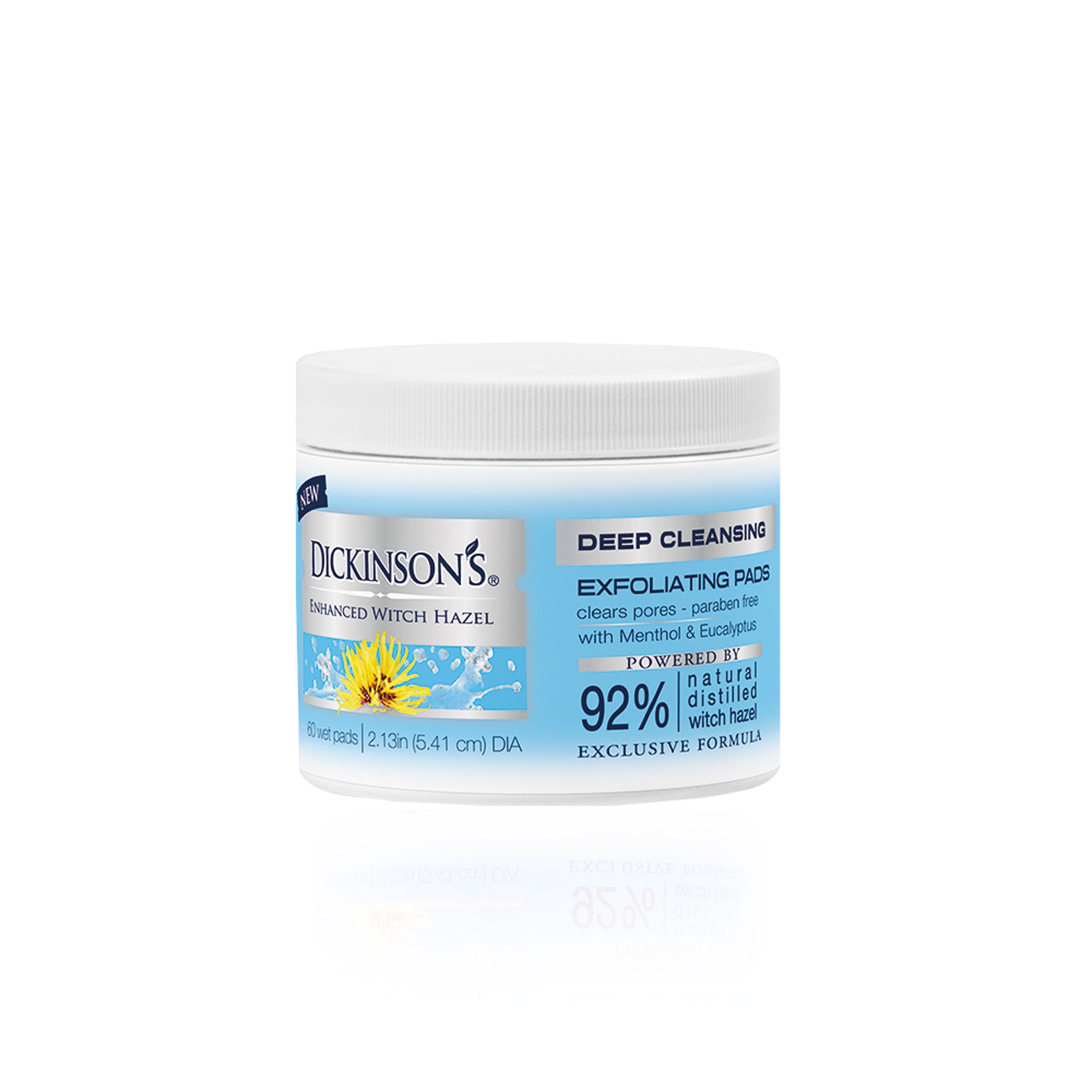 Dickinson's 92% Natural Formula Enhanced Witch Hazel Deep Cleansing Exfoliating Pad with Menthol and Eucalyptus, 60 Count