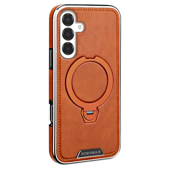 For Samsung Galaxy S25 Luxury PU Leather Case with Kickstand 360°Rotatable Invisible Magnetic Ring Stand [Compatible with MagSafe] [Wireless Charging] Phone Cover For Samsung Galaxy S25,Brown
