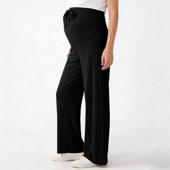 Xdegoge Maternity Pants for Women Over The Bump Ribbed Wide Leg Flowy High Waisted Pregnancy Trousers Comfy Stretchy Casual Lounge Bottoms