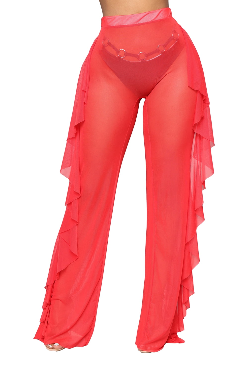 Women Sexy See Through Sheer Mesh Ruffle Pants Perspective Swimsuit
