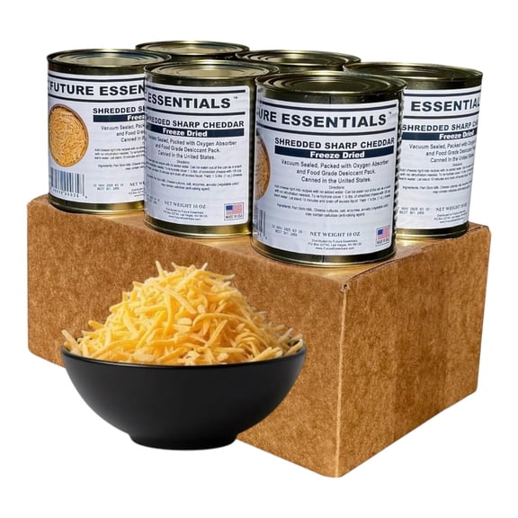 Future Essentials Freeze-Dried Shredded Sharp Cheddar Cheese, 10 oz #2.5 Can (6-Pack) – Real Dairy Cheese, 25-Year Shelf Life, Emergency Food Storage, Made in USA