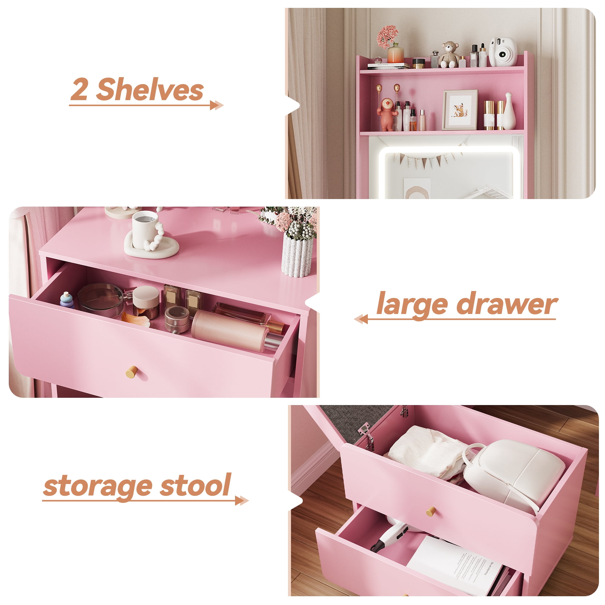 VEANERWOOD Pink Vanity Desk Set for Small Spaces, 23.62” Small Makeup Vanity Table with Rolling Stool, Lighting Mirror & Charging Station for Girls