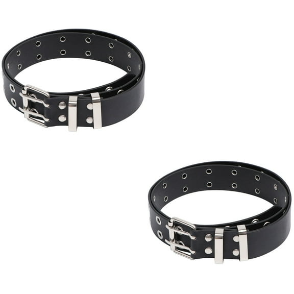 2pcs Punk Style Belt Double Rows Holes Waist Belt Simple Durable Belt for Women Man (Black)