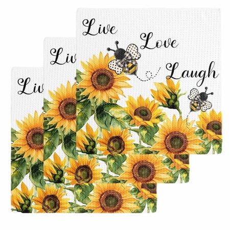 Sunflower Bee Dish Towels Set Waffle Weave Kitchen Towels 3 Pieces Microfiber Hair Face Bath Tea Towel Absorbent Quick Drying Cleaning Dish Cloths Vintage Yellow Floral Farmhouse Watercolor 12 x12