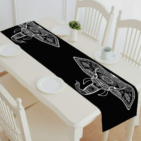 

ABPHQTO Black And White Henna Elephant Head Table Runner Placemat Tablecloth For Home Decor 16x72 Inch