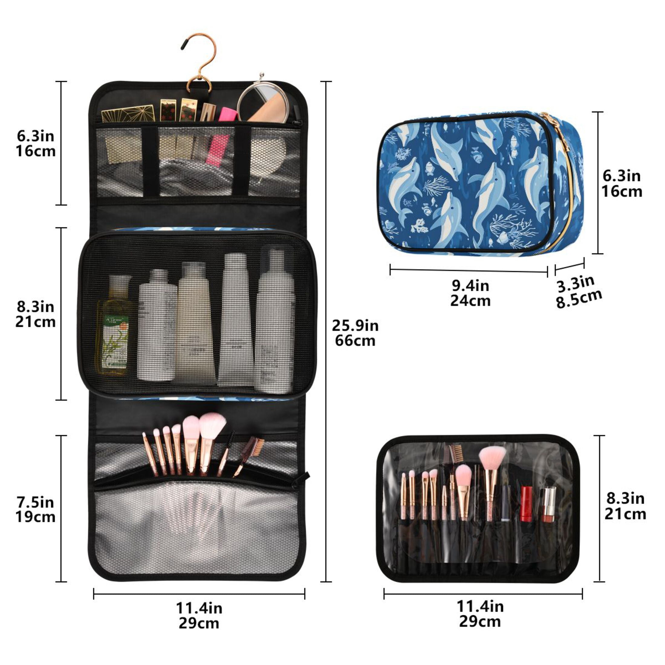 3-Piece Travel Toiletry Bag Set, Hanging Wash Bag with Makeup Bag & Brush Case,Waterproof Cosmetic Organizer for Travel, Gym & Home Playful Dolphins