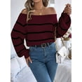thumbnail image 4 of Off Shoulder Striped Sweater Women Fall Fashion Casual Knit Sweaters Pullover Y2k Cute Tops Wine Red L, 4 of 9