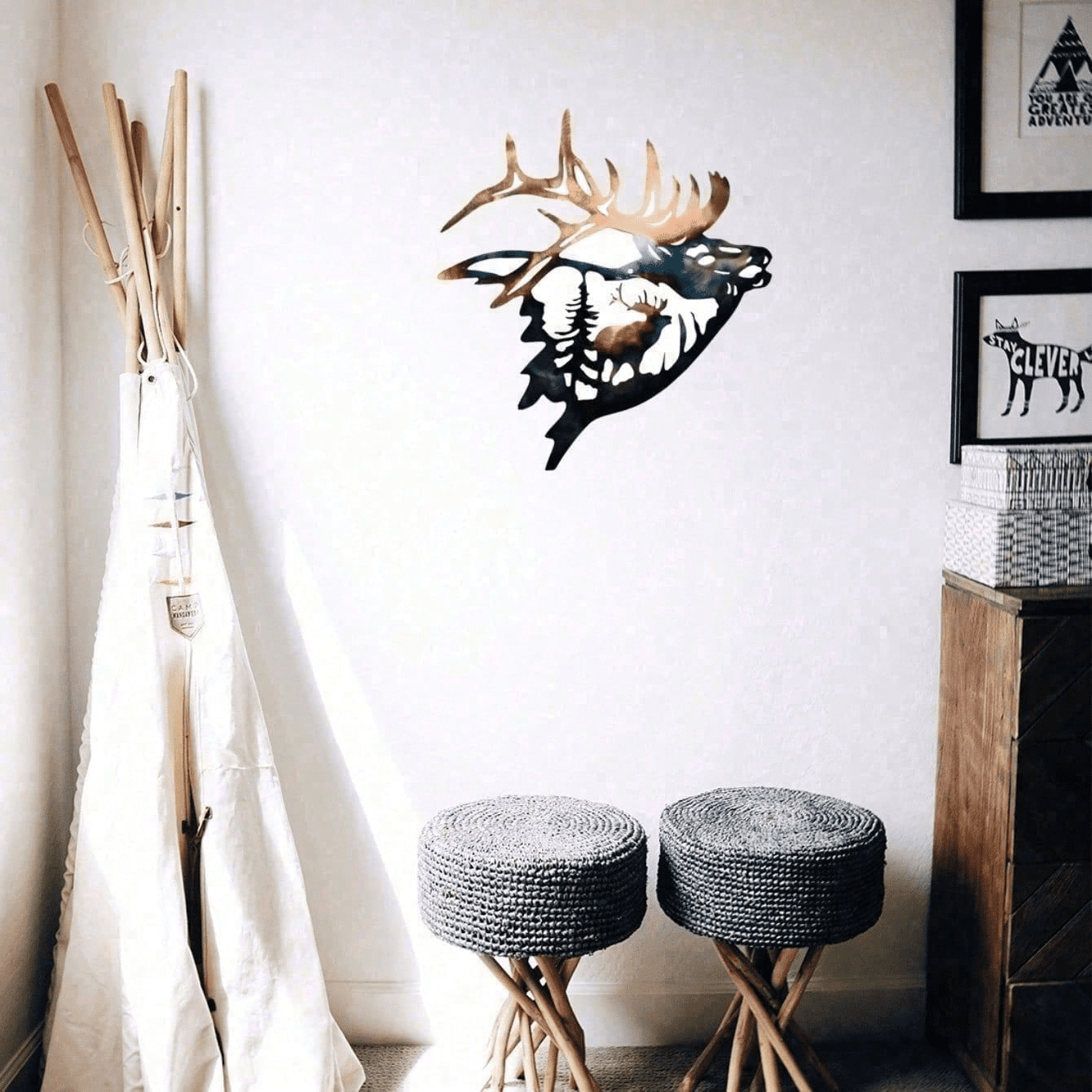 2Pcs Deer and Elk Metal Wall Art Rustic Farmhouse Silhouette Decor Living Room Office Wildlife Sign Christmas New Year Housewarming Gift