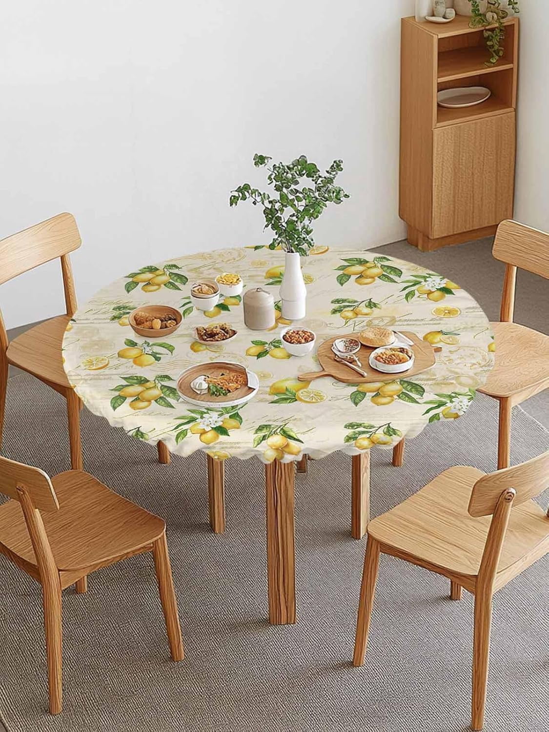 Round Fitted Tablecloth Elastic Edged Table Cover,Summer Farmhouse Lemon on Vintage Stamp Waterproof Wipeable Table Cloths for Kitchen Dining Party Fit up 36"-44" Tables,Rustic Fruit Theme