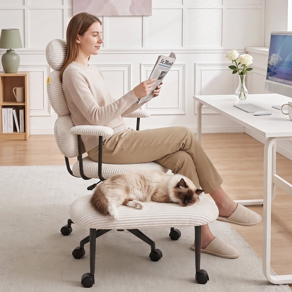 Pinmoco Cross Legged Office Chair with Arms & Headrest, Ergonomic Criss Cross Chair, Height Adjustable Swivel Desk Chair for Home Office, Beige