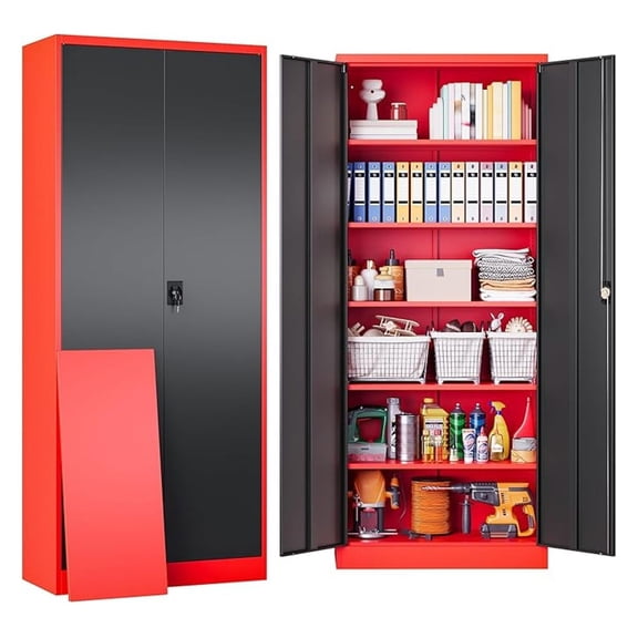 Red Metal Storage Cabinet with Locking Doors and Shelves,Garage Storage Cabinet with Lock,Steel Locker,Lockable Cabinets for Home,Office,Shop,Garage Cabinets