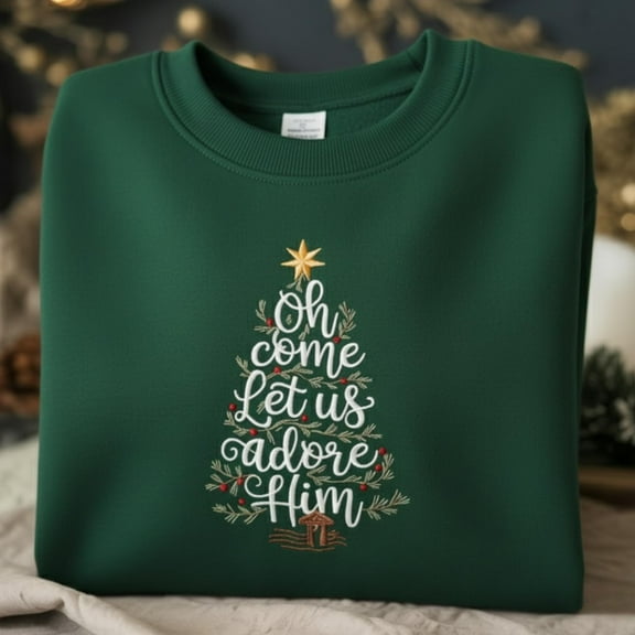 Oh Come Let Us Adore Him Embroidered Christian Sweatshirt, Bible Verse Christmas Sweatshirt, Nativity Tree Crewneck