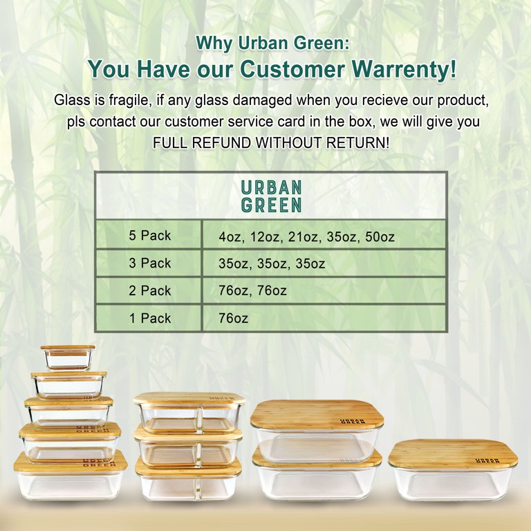 Urban Green Glass Bamboo Lids, Meal Prep Containers Food storage, 5 Pack,  Pantry Kitchen Fridge Cabinet Organizer, Lunch box, Butter Dish, Microwave