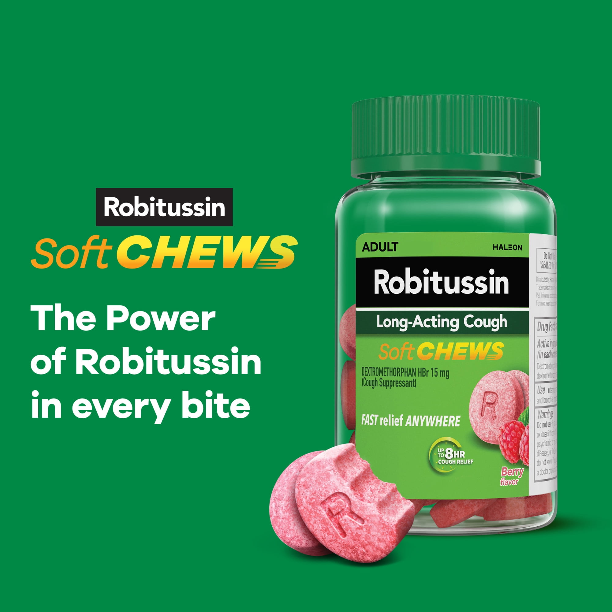 Robitussin Soft Chews, Long-Acting Cough Relief Cold Medicine, Berry Flavor, 20Ct Chewable Tablets