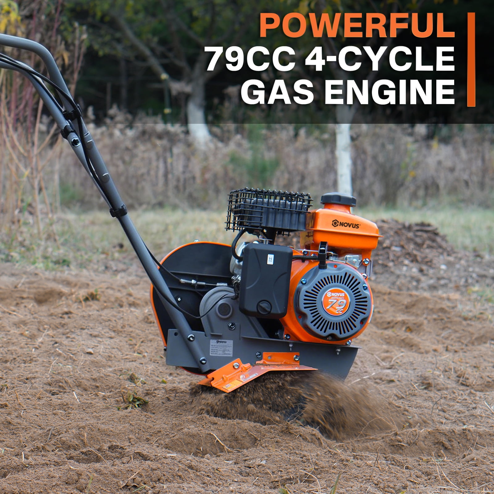 NOVUS 2 in 1 Gas Tiller Cultivator with 79cc 4-Cycle Engine, 9"-17" Tool-Free Tilling Width Adjustment, 24 Steel Tines, Never-Flat Wheels,Front Tine Gardon Tiller for Lawn, Field Soil Cultivation