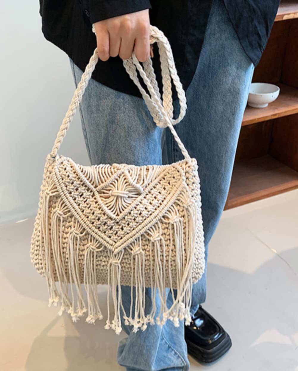 CAILDANL Crossbody Purse for Women Cute Macrame Hobo Satchel Bags Knit Summer Beach Bag Tassels Shoulder Crochet Tote Handbag