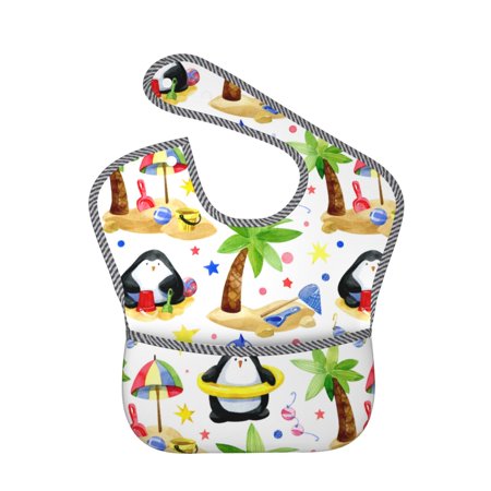 

Bingfone Mess-Proof Baby Bib - Waterproof Bib for Baby Boy or Girl with Food Catcher Pocket Unisex-Penguins On The Beach