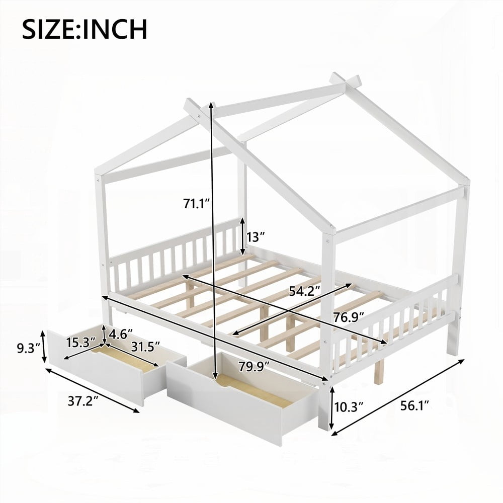Full Size House Platform Bed with Storage & Roof Design|Two Drawers|White