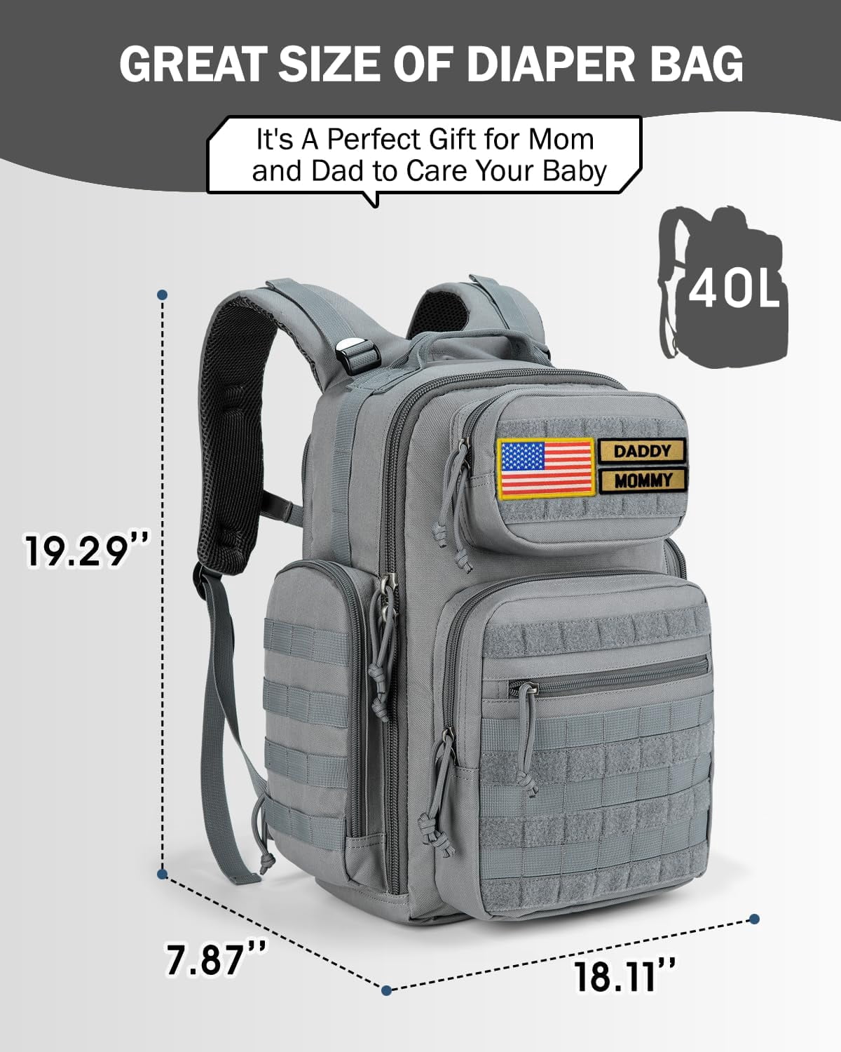 MIRACOL Diaper Bag Backpack for Men: 40L Heavy-Duty Tactical Style Dad Baby Bag with 16+ Pockets - MOLLE Webbing and Organized Storage for Travel & Weekend Adventures (Grey)