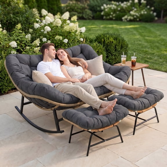 RDIATA 3-Piece 2-Person Patio Rocking Loveseat with 2 Ottomans, Oversized Outdoor Wicker Papasan Chair with Cushions, 620 lb Capacity,Dark Gray