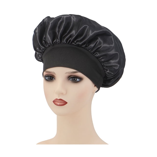 2 PCS Gorro de seda transpirable para dormir, gorro de pelo de satén grande para hombres y mujeres negros, gorro de dormir de banda ancha para largo
