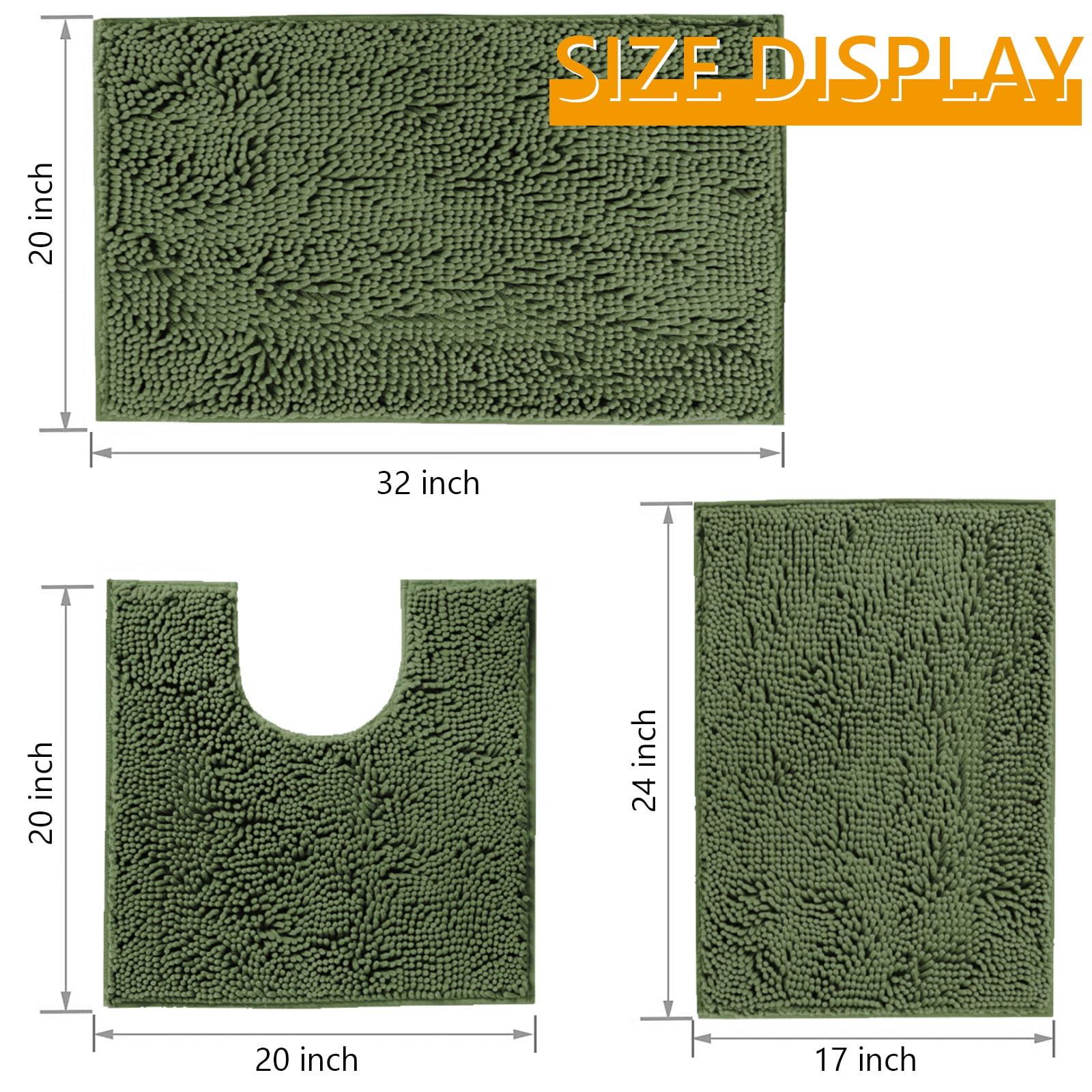 Hengbo 3 Pcs Chenille Bathroom Rug Sets Shaggy Bathroom Mat Set Carpet Extra Thick Soft Absorbent Bathroom Rugs Soft Non Slip Machine Wash Olive Green