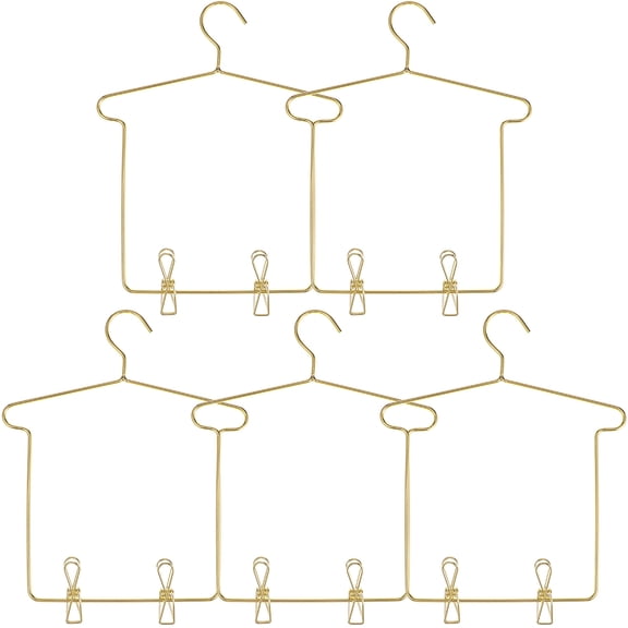 LYTMENT 5 Sets Doll Clothes Hangers Miniature Wire Metal Doll Dress Skirt Hangers with Clips for Miniature Dollhouse Closets Accessories Golden