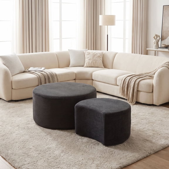 Spaco Coffee Table Set of 2, 2 Pieces Upholstered Round Coffee Tables, Modern Foam Round Coffee Table, Side Table End Table Ottoman for Indoor, Black
