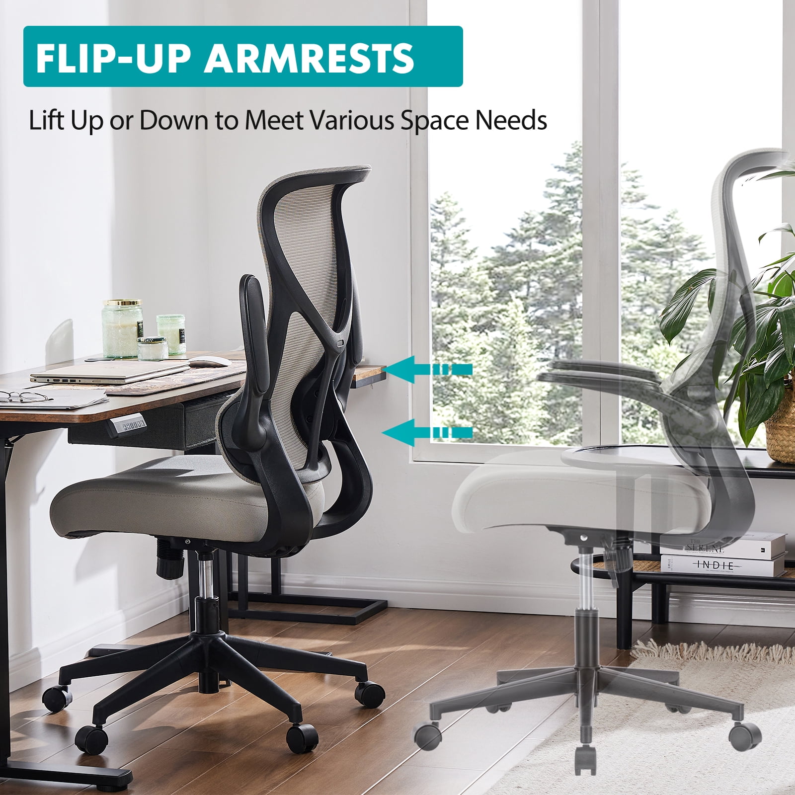MAYEERTY Ergonomic Office Chair, Comfort Home Office Task Chair, Flip-up Arms and Adjustable Height, Gray