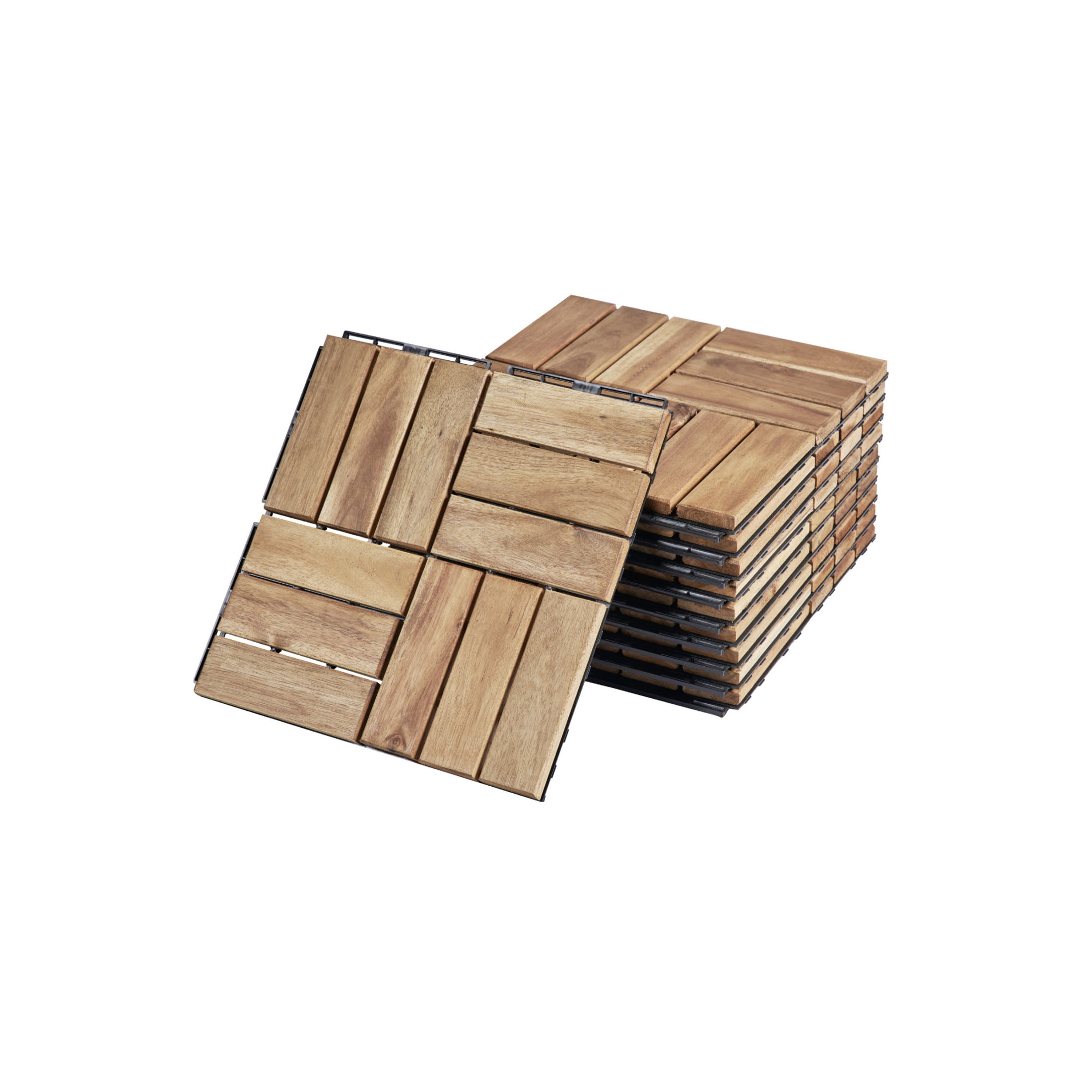 Noble House 12" Checker Acacia Wood Interlocking Deck Tiles, All-Weather Square Hardwood Floor, Yellow, 20 PCS