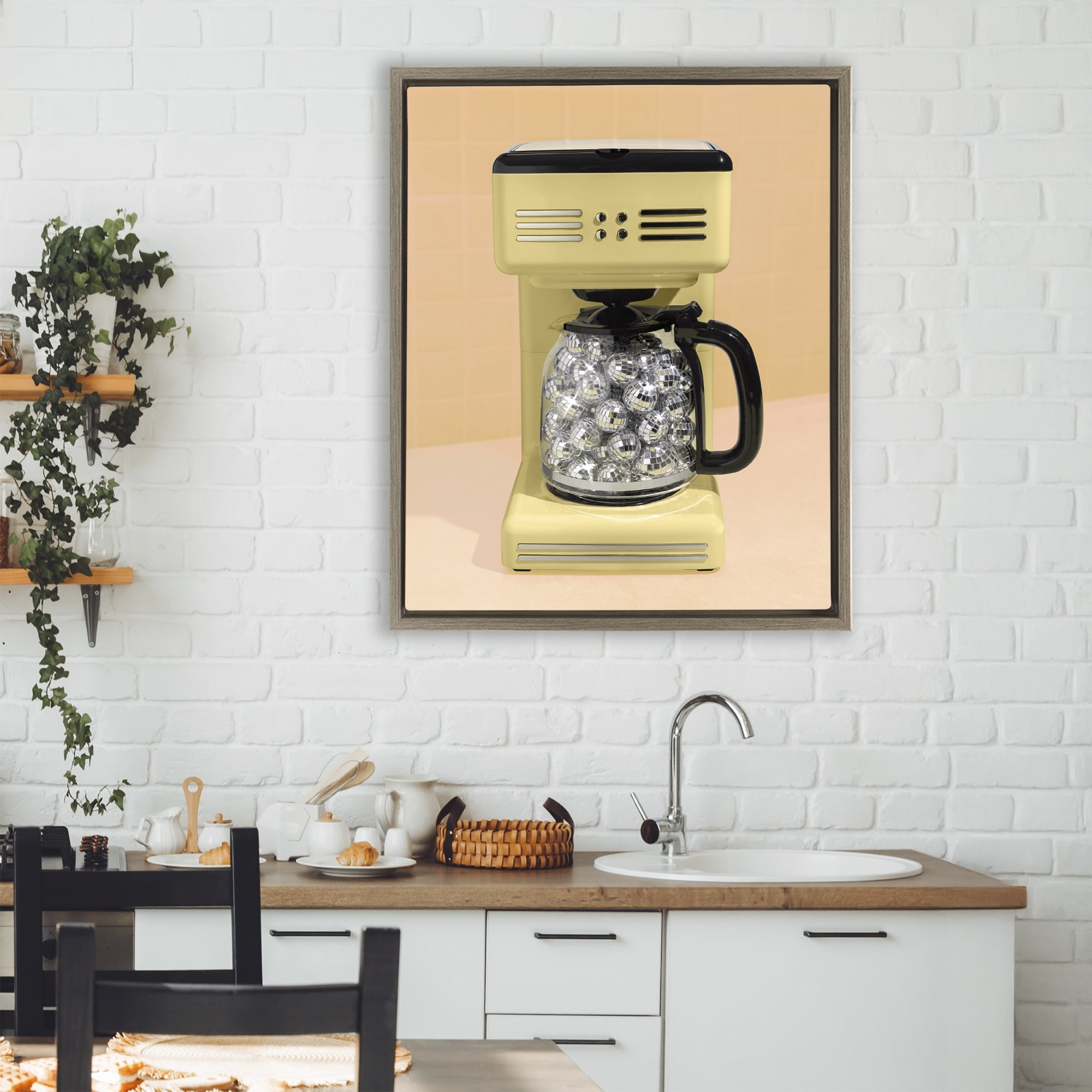 Stupell Industries Disco Coffee Maker over Yellow Brown Framed Floater Canvas Wall Art, design by LISH Creative