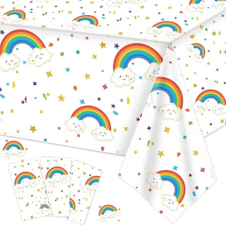 

3 Pack Rainbow Tablecloth Rainbow Clouds Birthday Party Tablecover for Baby Shower Carnival Themed Rainbow Birthday Party Supplies 51.2 x 86.6 Inch