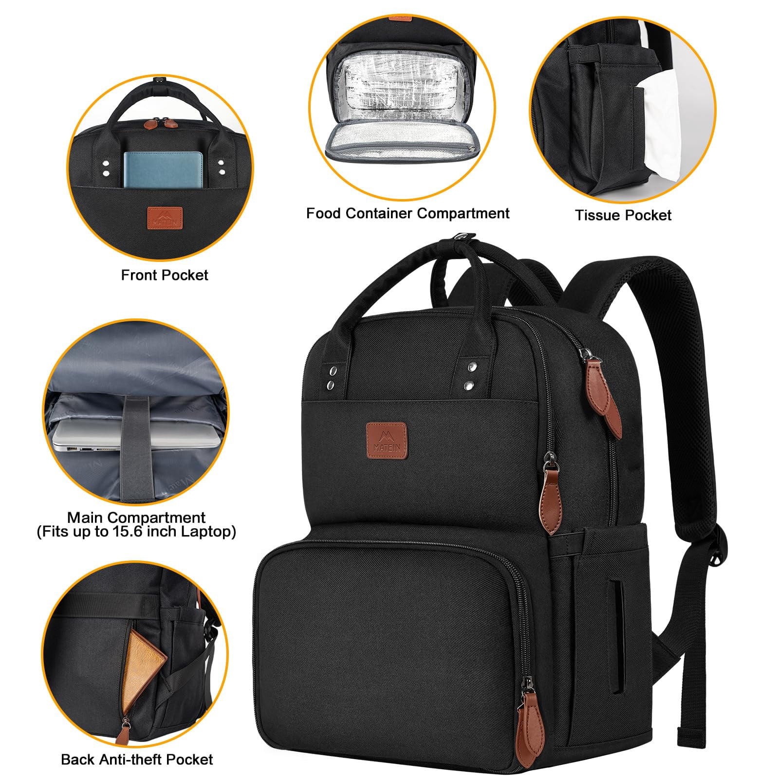 Matein 15.6in Laptop Backpack, Insulated Cooler Work Backpacks with Lunch Box for Men Women, Black
