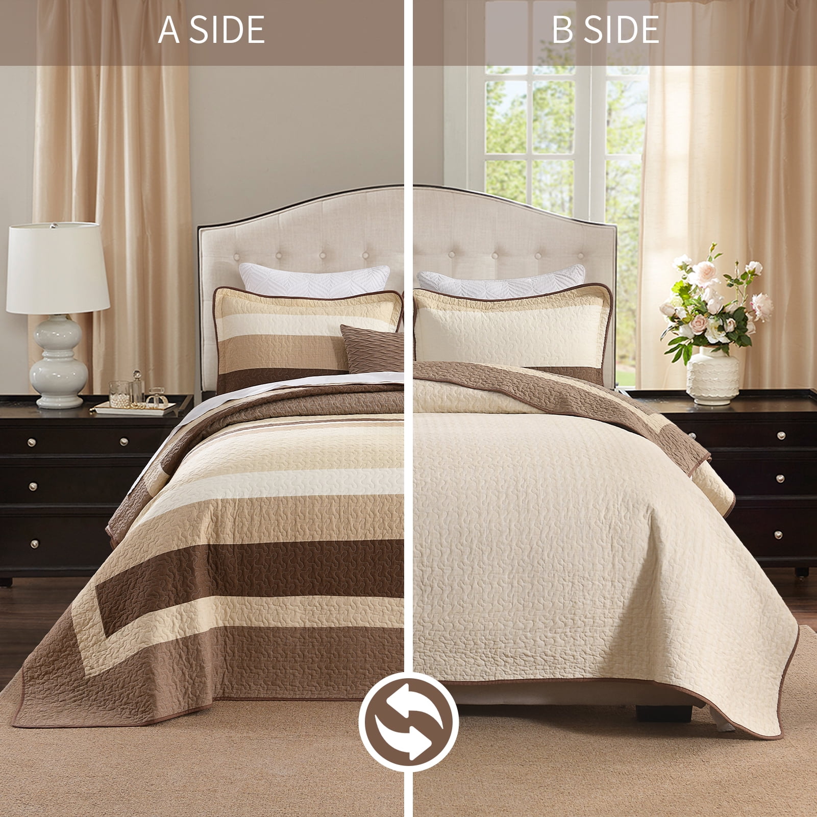 Bedduvit Striped Queen Size Quilts - 100% Organic Cotton Quilt Queen, Brown Black Beige Farmhouse Lightweight Bedspread Set for Queen Bed, Modern Neutral All-Season 3-Piece Comforter Set, 98"x90"