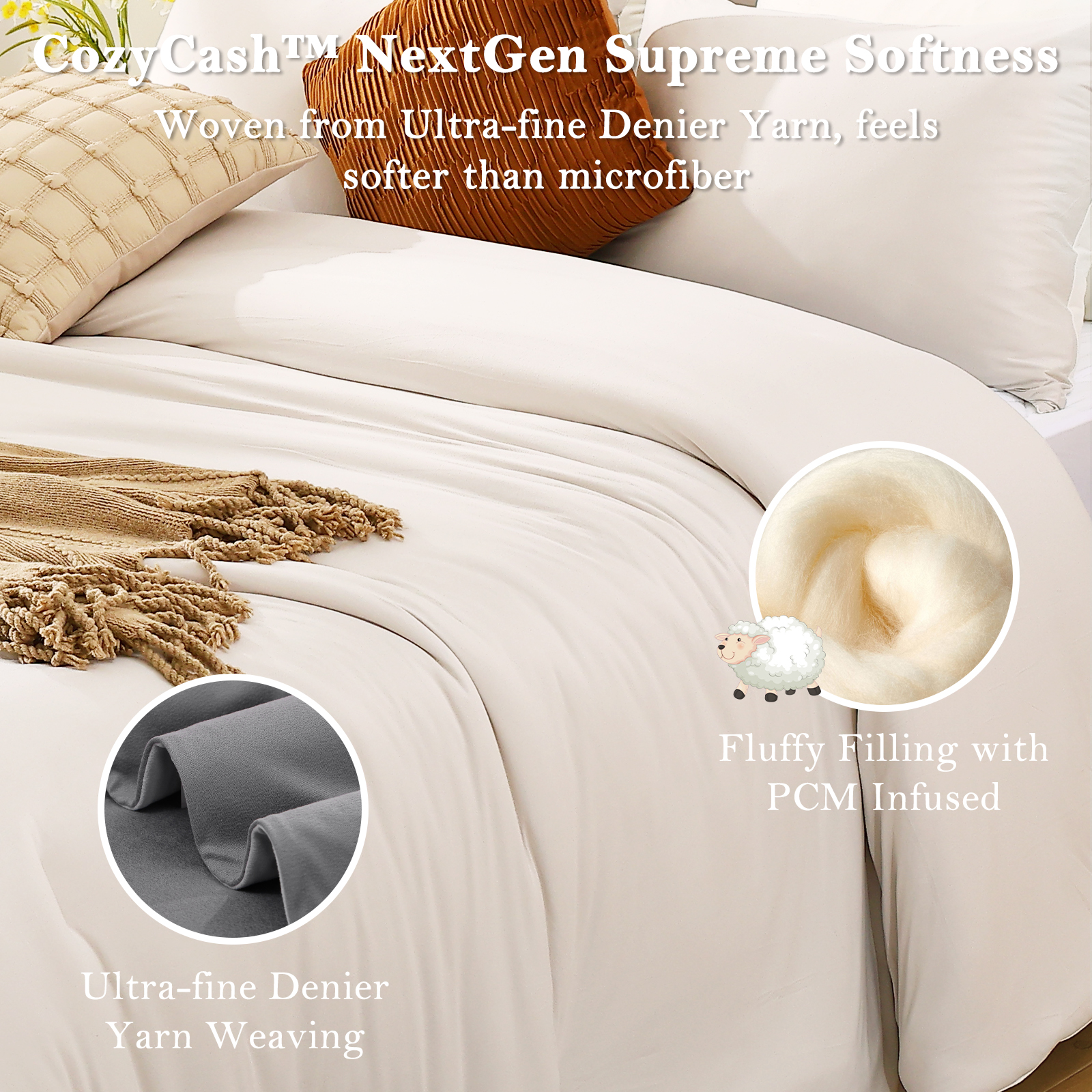 Aship King Comforter Set, 3Pcs Cozycash PCM Bedding Set with Temperature Regulating for All Season, Reversible Skin-friendly Bedding, 1Comforter & 2 Pillowcases Beige