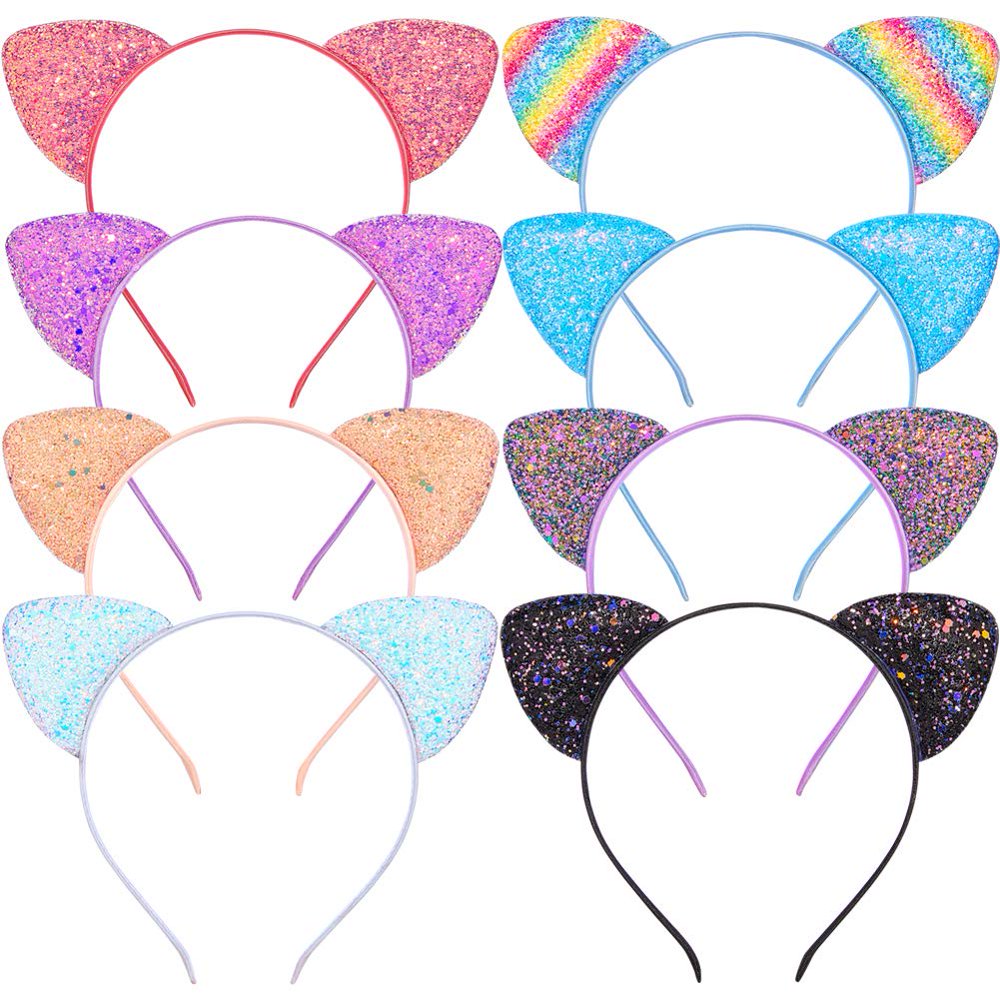 Beinou Glitter Cat Ears Headband 8 Pcs Kitty Headband for Girls and
