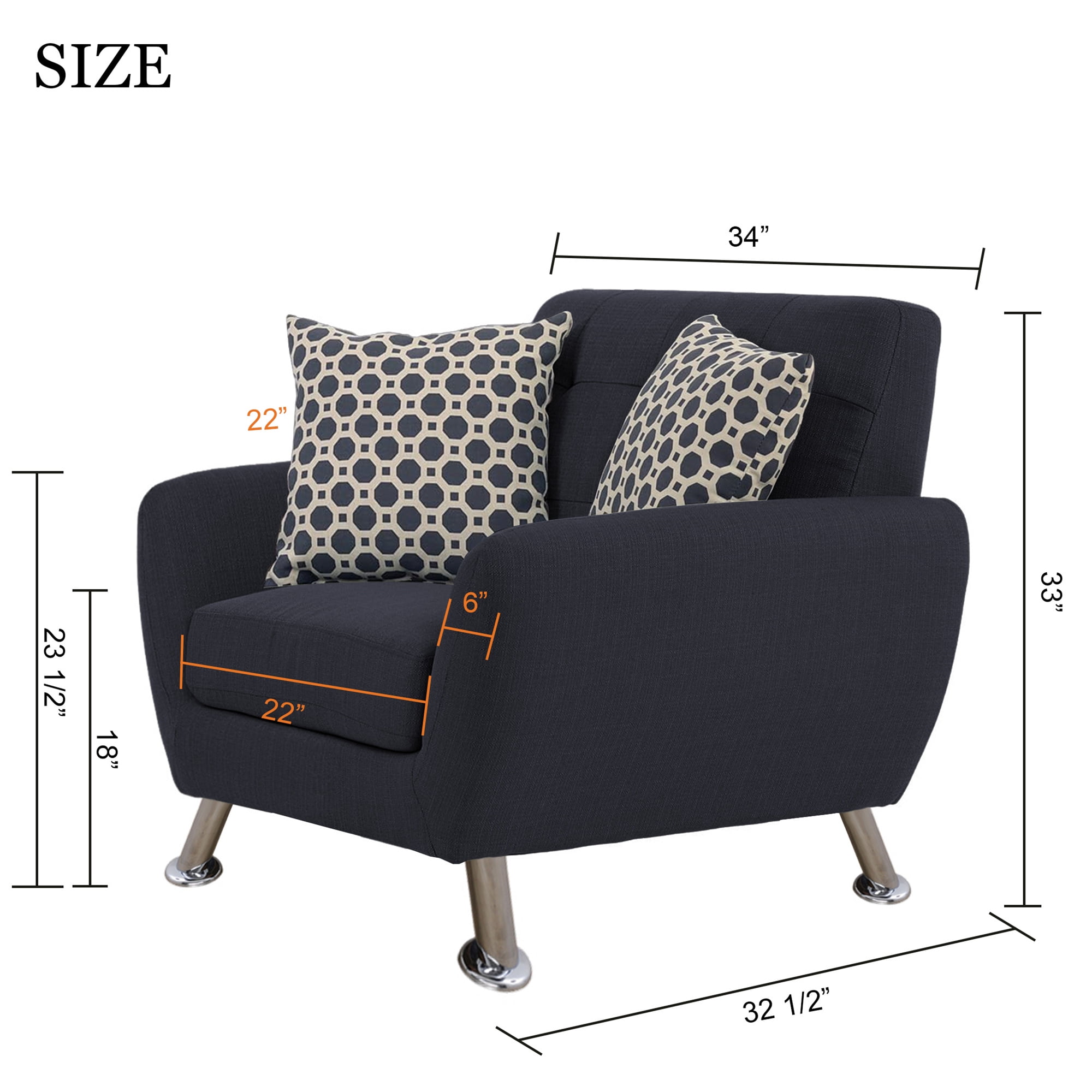 Aukfa 3 Piece Sofa Set - 34" Wide Upholstered Couch Deep Seat Armchair, Linen, Gray
