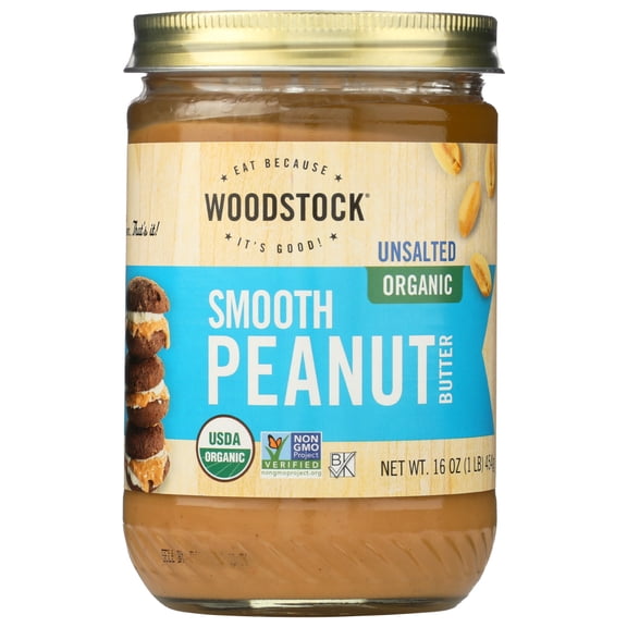 Woodstock Smooth Organic Unsalted Peanut Butter, 16 Oz.