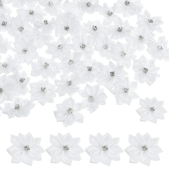 Uxcell 100-Pack Satin Ribbon Flowers, 1.2 Inch Mini Fabric Flowers with Rhinestones for Crafts and DIY Projects White